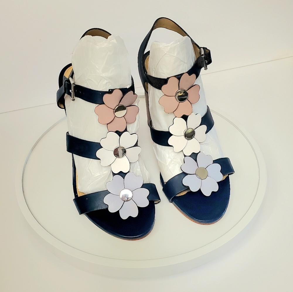 NEW Michael Kors "Kit" Navy Leather High-heeled Sandal with Floral Detail SZ 10